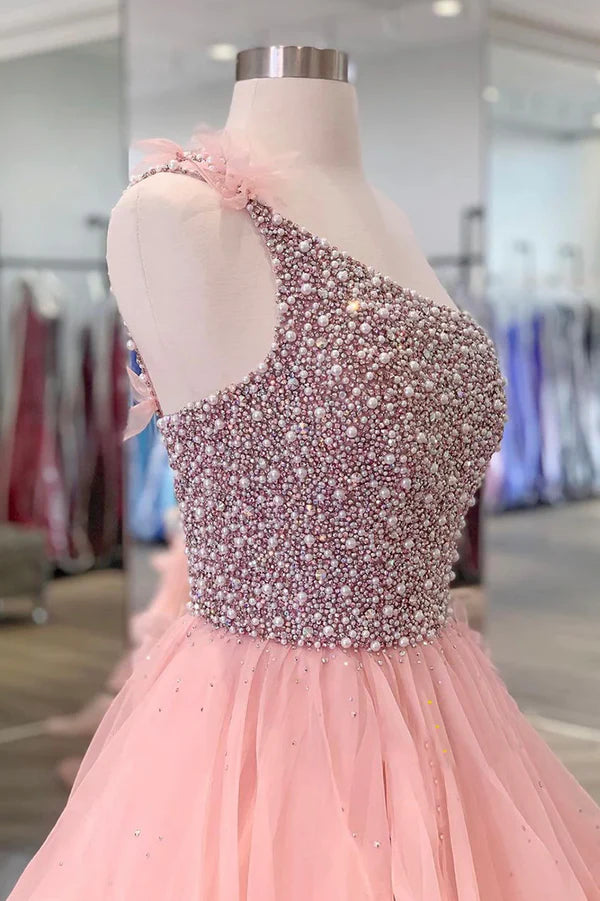 Wholesale Pink One Shoulder Beaded Prom Dress Pink Tulle Layers Evening Gown